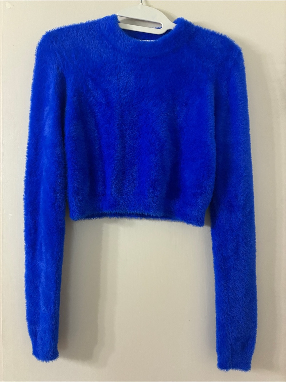 Katie J NYC Electric Blue Fuzzy Cropped Sweater